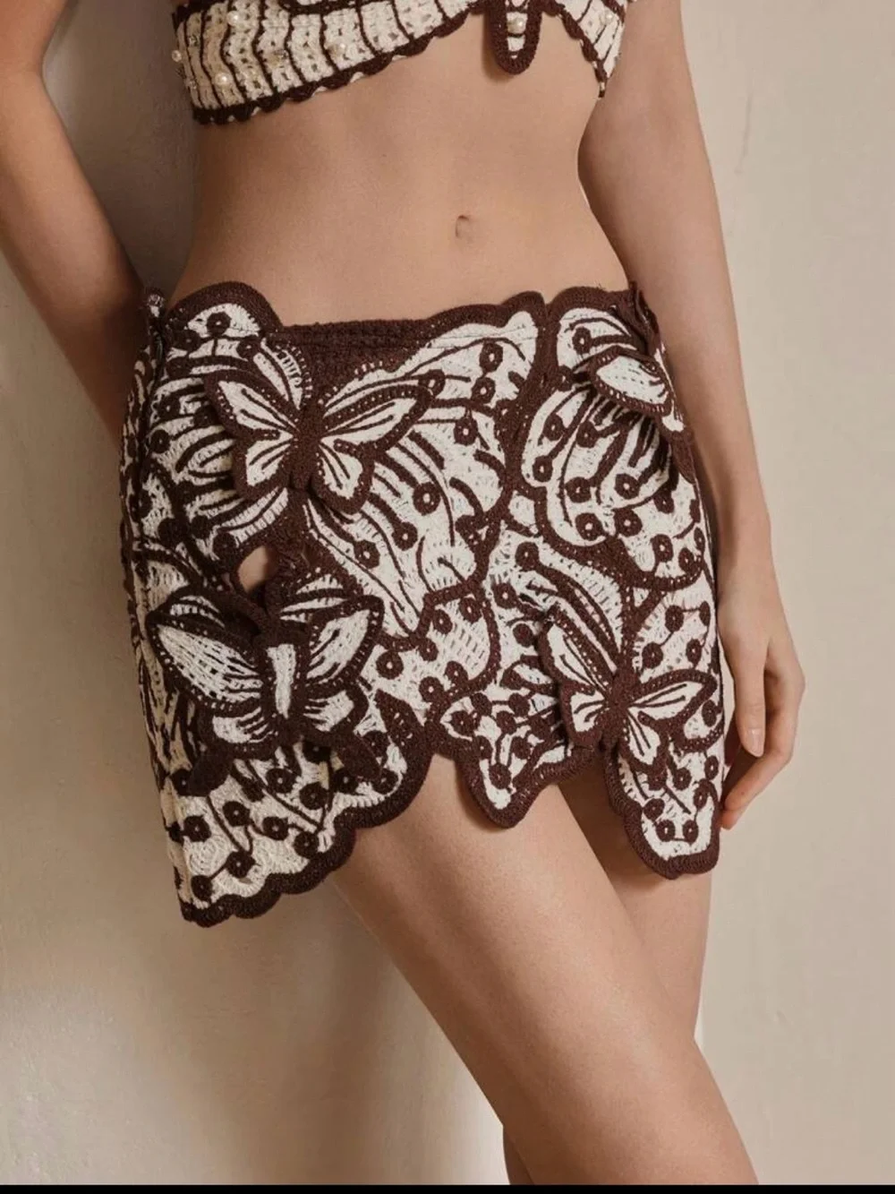 Crochet Butterfly Mini Skirt in Brown and Cream-NWT!